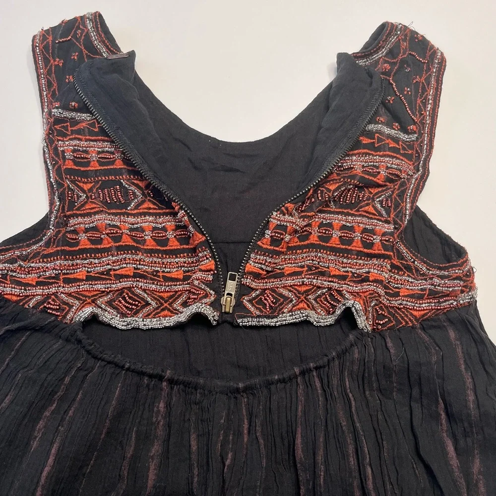 Free People Aztec Bib Beaded Embroidered Black Boho Festival Mini Dress
